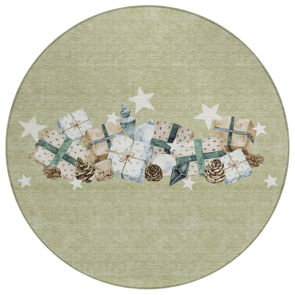 HomeRoots 8' Stylish Artichoke Green Round Washable Area Rug - Durable Indoor/Outdoor Geometric Design 621690