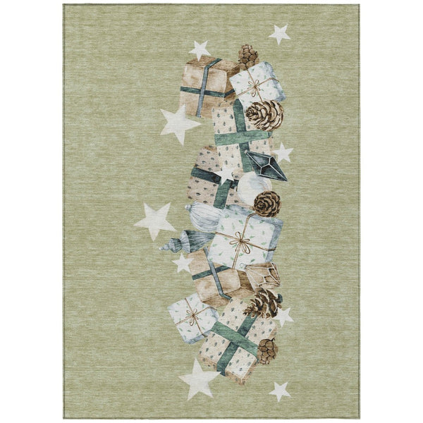 HomeRoots 8' X 10' Artichoke Green Beige Ivory Taupe Washable Area Rug for Indoor Outdoor High-Traffic Spaces 621691