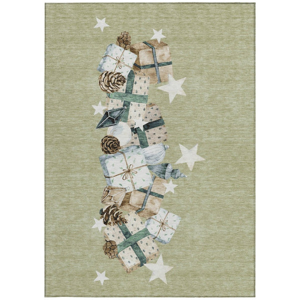 HomeRoots 8' X 10' Artichoke Green Beige Ivory Taupe Washable Area Rug for Indoor Outdoor High-Traffic Spaces 621691