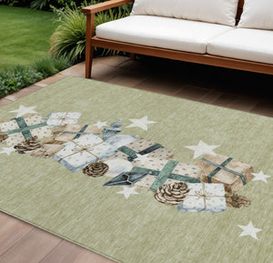 HomeRoots 10' X 14' Artichoke Green Beige Ivory Taupe Washable Area Rug - Stylish, Durable & Versatile Design 621693