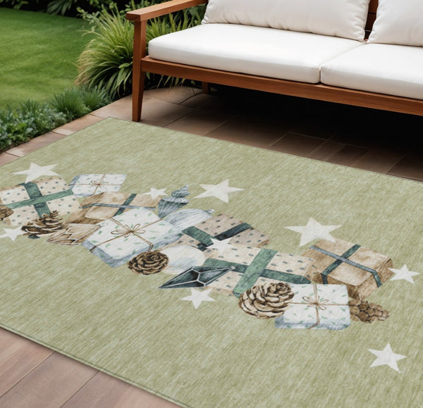HomeRoots 10' X 14' Artichoke Green Beige Ivory Taupe Washable Area Rug - Stylish, Durable & Versatile Design 621693