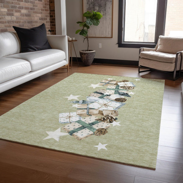 HomeRoots 10' X 14' Artichoke Green Beige Ivory Taupe Washable Area Rug - Stylish, Durable & Versatile Design 621693