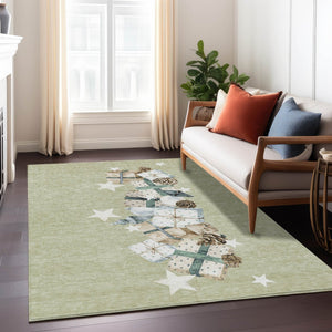 HomeRoots 10' X 14' Artichoke Green Beige Ivory Taupe Washable Area Rug - Stylish, Durable & Versatile Design 621693