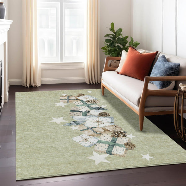 HomeRoots 10' X 14' Artichoke Green Beige Ivory Taupe Washable Area Rug - Stylish, Durable & Versatile Design 621693
