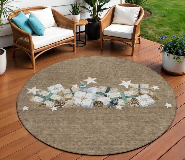 HomeRoots 8' Round Washable Area Rug in Brown, Beige & Ivory – Durable Geometric Design for Indoor/Outdoor Use 621702