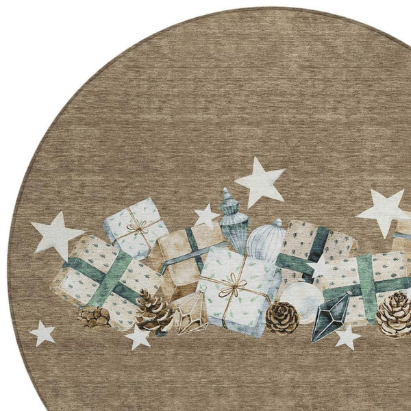 HomeRoots 8' Round Washable Area Rug in Brown, Beige & Ivory – Durable Geometric Design for Indoor/Outdoor Use 621702
