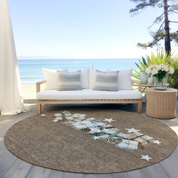 HomeRoots 8' Round Washable Area Rug in Brown, Beige & Ivory – Durable Geometric Design for Indoor/Outdoor Use 621702