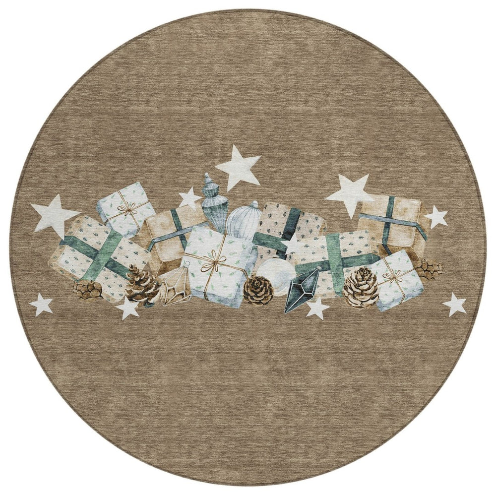 HomeRoots 8' Round Washable Area Rug in Brown, Beige & Ivory – Durable Geometric Design for Indoor/Outdoor Use 621702