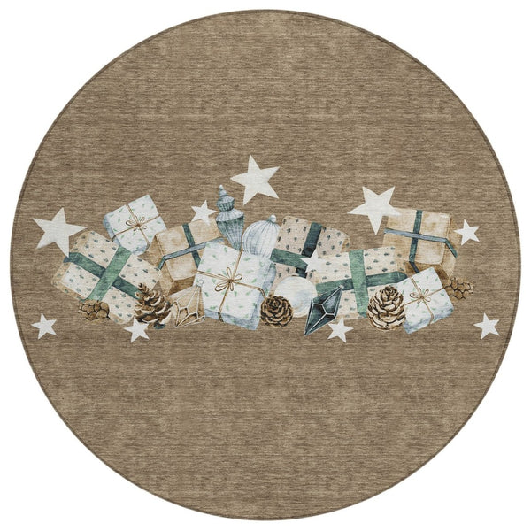 HomeRoots 8' Round Washable Area Rug in Brown, Beige & Ivory – Durable Geometric Design for Indoor/Outdoor Use 621702