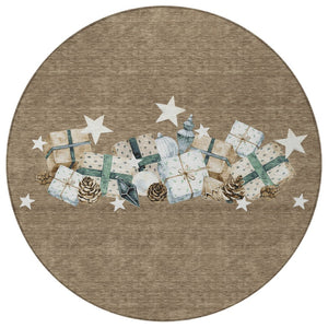 HomeRoots 8' Round Washable Area Rug in Brown, Beige & Ivory – Durable Geometric Design for Indoor/Outdoor Use 621702