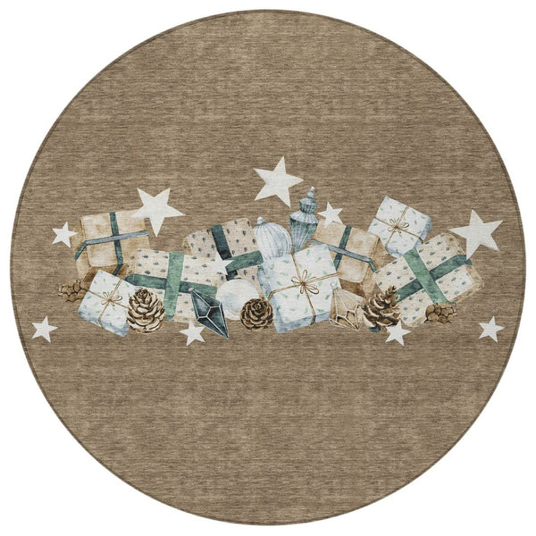 HomeRoots 8' Round Washable Area Rug in Brown, Beige & Ivory – Durable Geometric Design for Indoor/Outdoor Use 621702