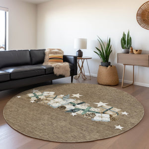 HomeRoots 8' Round Washable Area Rug in Brown, Beige & Ivory – Durable Geometric Design for Indoor/Outdoor Use 621702