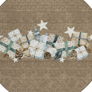 HomeRoots 8' Round Washable Area Rug in Brown, Beige & Ivory – Durable Geometric Design for Indoor/Outdoor Use 621702