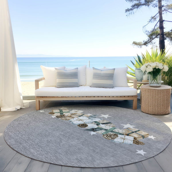 HomeRoots 8' Round Washable Area Rug in Gray Beige Ivory Taupe - Modern Geometric Pattern for Indoor & Outdoor Use 621714