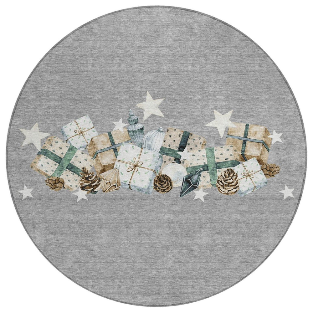 HomeRoots 8' Round Washable Area Rug in Gray Beige Ivory Taupe - Modern Geometric Pattern for Indoor & Outdoor Use 621714