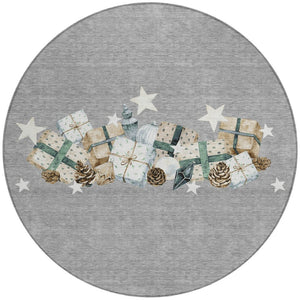 HomeRoots 8' Round Washable Area Rug in Gray Beige Ivory Taupe - Modern Geometric Pattern for Indoor & Outdoor Use 621714