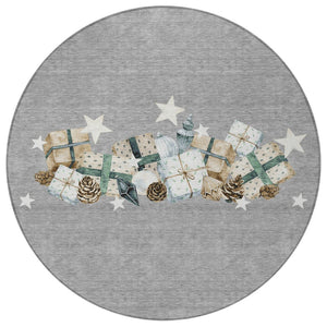 HomeRoots 8' Round Washable Area Rug in Gray Beige Ivory Taupe - Modern Geometric Pattern for Indoor & Outdoor Use 621714