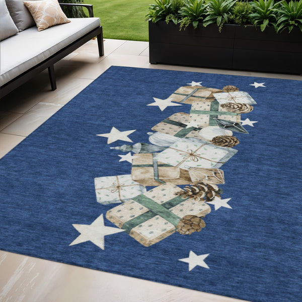 HomeRoots 5' X 8' Washable Indoor Outdoor Area Rug in Navy Blue, Beige, Ivory & Taupe - Durable & Stylish! 621719