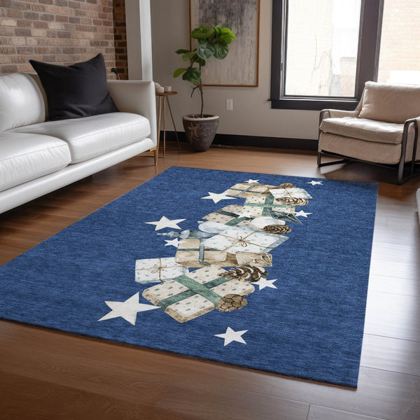 HomeRoots 5' X 8' Washable Indoor Outdoor Area Rug in Navy Blue, Beige, Ivory & Taupe - Durable & Stylish! 621719