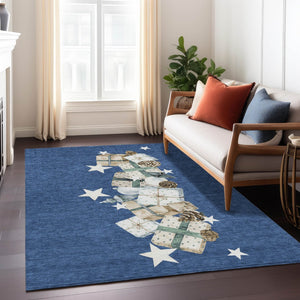 HomeRoots 5' X 8' Washable Indoor Outdoor Area Rug in Navy Blue, Beige, Ivory & Taupe - Durable & Stylish! 621719
