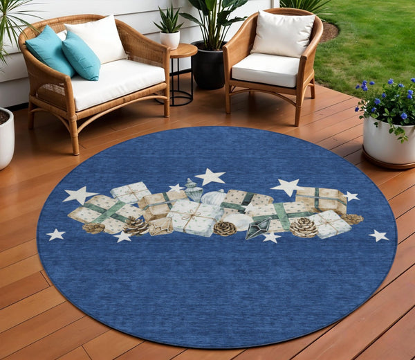 HomeRoots 8' Navy Blue Beige Ivory Taupe Round Geometric Washable Indoor Outdoor Rug for Stylish Spaces 621720
