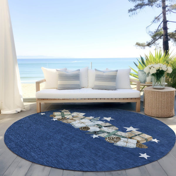 HomeRoots 8' Navy Blue Beige Ivory Taupe Round Geometric Washable Indoor Outdoor Rug for Stylish Spaces 621720