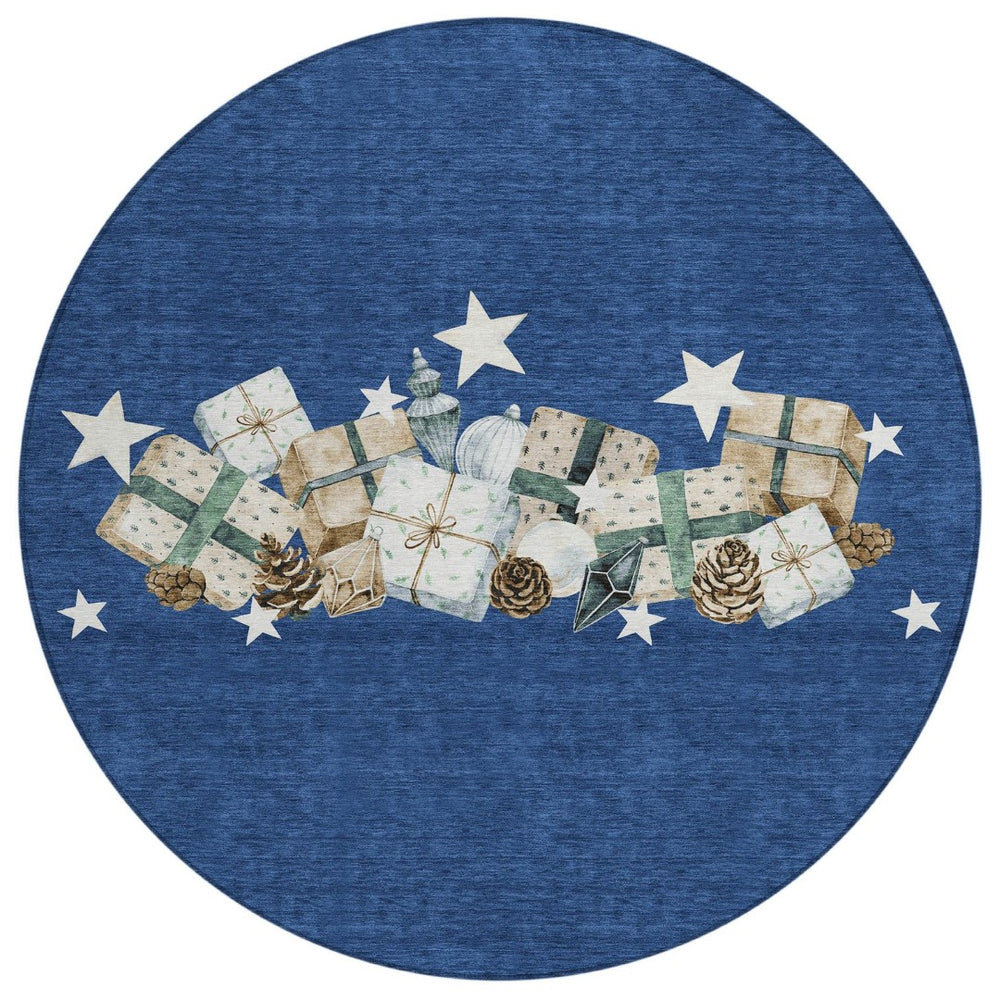 HomeRoots 8' Navy Blue Beige Ivory Taupe Round Geometric Washable Indoor Outdoor Rug for Stylish Spaces 621720