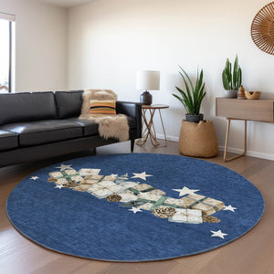 HomeRoots 8' Navy Blue Beige Ivory Taupe Round Geometric Washable Indoor Outdoor Rug for Stylish Spaces 621720