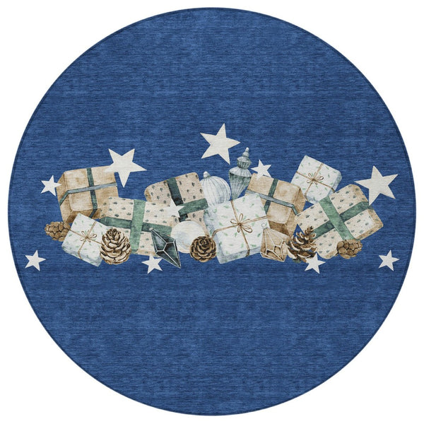 HomeRoots 8' Navy Blue Beige Ivory Taupe Round Geometric Washable Indoor Outdoor Rug for Stylish Spaces 621720