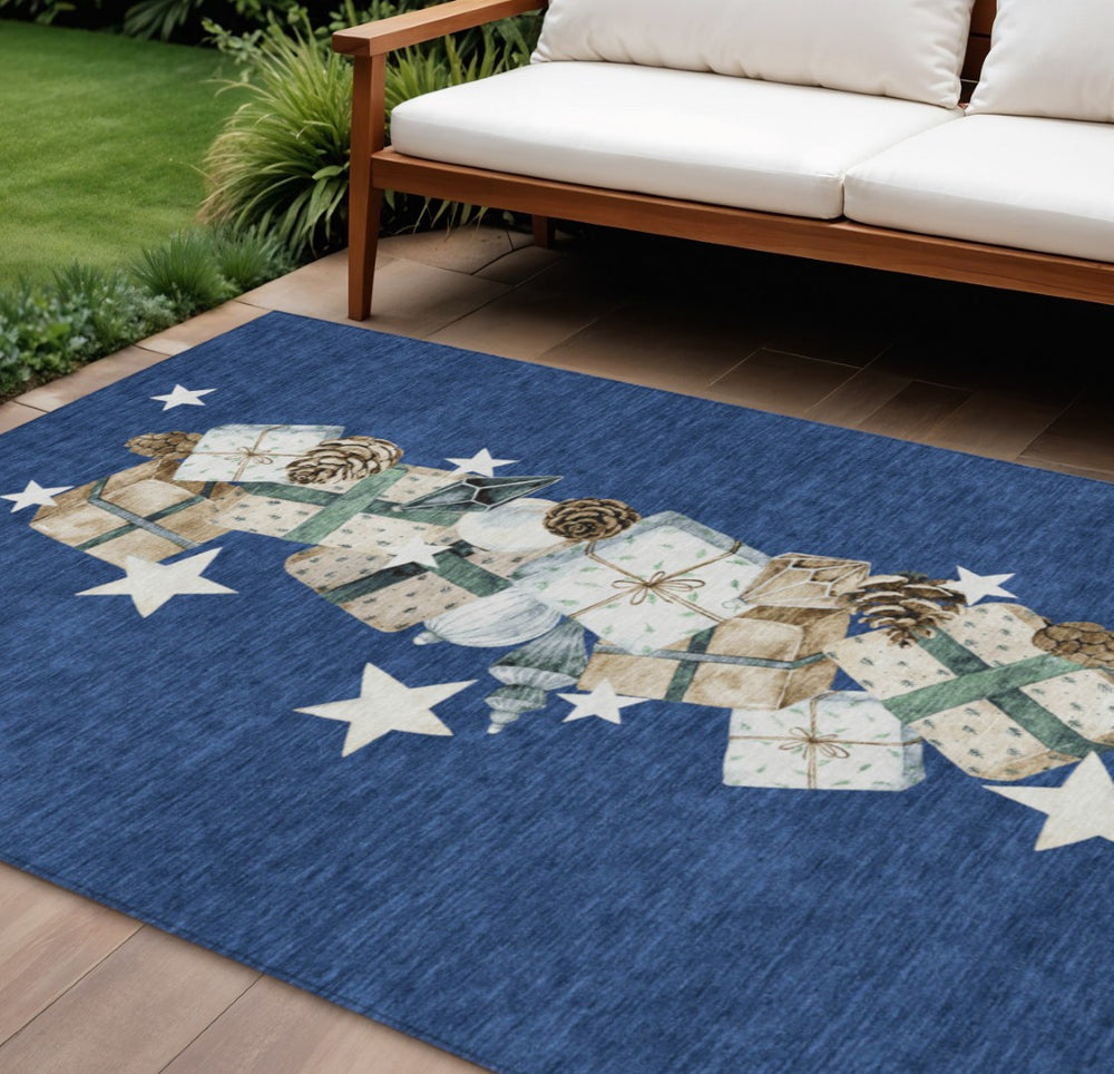 HomeRoots 10' Transitional Indoor Outdoor Area Rug - Navy Blue & Beige, Washable, Durable for High-Traffic Spaces 621723