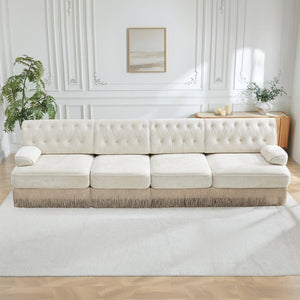 English Elm 135" Modular Chesterfield Sectional Velvet Tufted Sofa with Tassel Skirt for Lounge Rooms Beige W714S01688