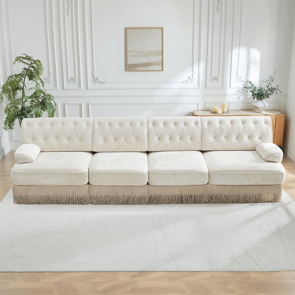English Elm 135" Modular Chesterfield Sectional Velvet Tufted Sofa with Tassel Skirt for Lounge Rooms Beige W714S01688