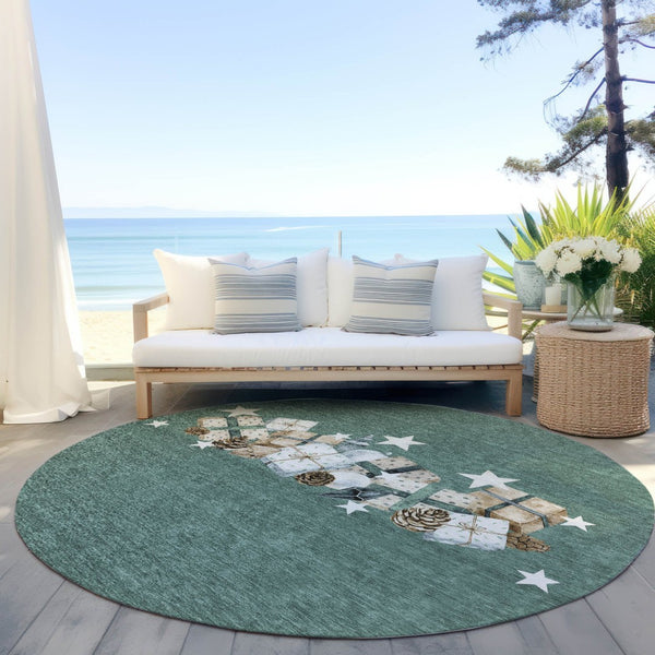 HomeRoots 8' Washable Indoor Outdoor Area Rug – Pale Aqua Beige Taupe Round Rug for High-Traffic Spaces 621732