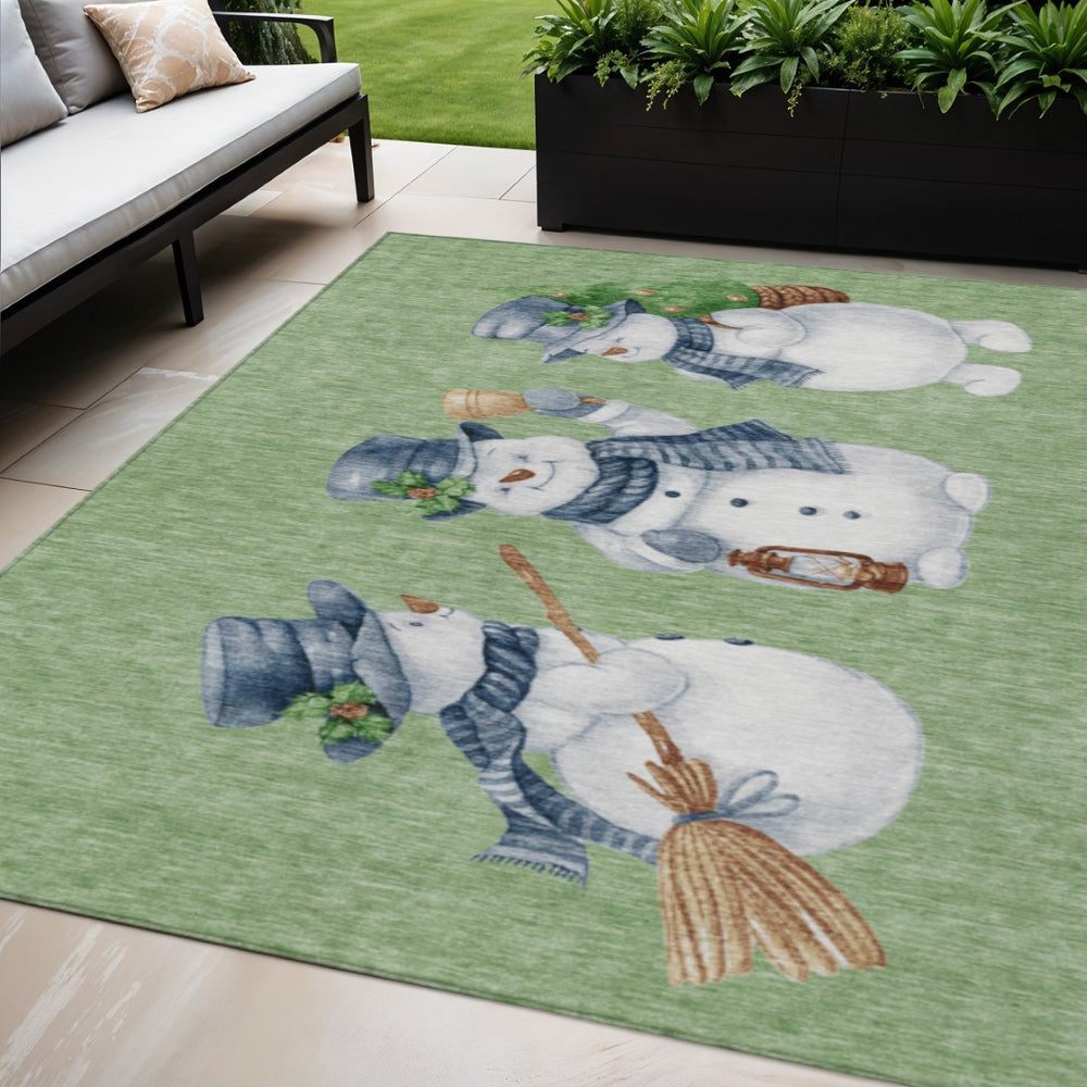 HomeRoots 5' X 8' Snowmen Area Rug in Artichoke Green & Denim Blue - Washable, Durable, Indoor & Outdoor Use 621737
