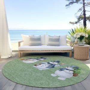 HomeRoots 8' Washable Round Area Rug with Snowmen Motif in Artichoke Green, Denim Blue & Ivory for Indoors & Outdoors 621738