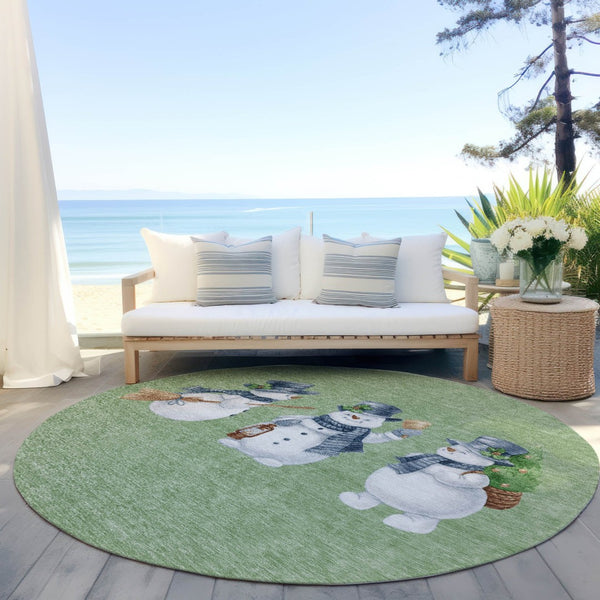 HomeRoots 8' Washable Round Area Rug with Snowmen Motif in Artichoke Green, Denim Blue & Ivory for Indoors & Outdoors 621738