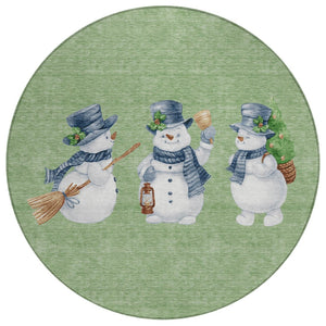 HomeRoots 8' Washable Round Area Rug with Snowmen Motif in Artichoke Green, Denim Blue & Ivory for Indoors & Outdoors 621738