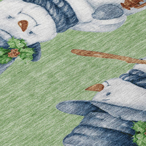 HomeRoots 8' Washable Round Area Rug with Snowmen Motif in Artichoke Green, Denim Blue & Ivory for Indoors & Outdoors 621738
