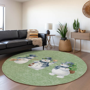HomeRoots 8' Washable Round Area Rug with Snowmen Motif in Artichoke Green, Denim Blue & Ivory for Indoors & Outdoors 621738