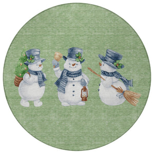 HomeRoots 8' Washable Round Area Rug with Snowmen Motif in Artichoke Green, Denim Blue & Ivory for Indoors & Outdoors 621738