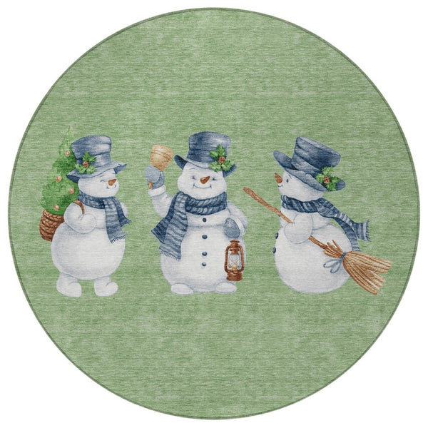 HomeRoots 8' Washable Round Area Rug with Snowmen Motif in Artichoke Green, Denim Blue & Ivory for Indoors & Outdoors 621738