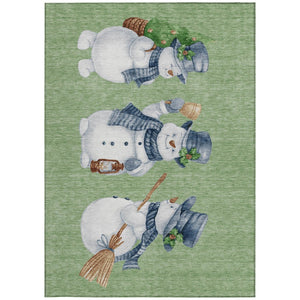 HomeRoots 9' X 12' Washable Snowmen Area Rug in Artichoke Green & Denim Blue - Durable Indoor/Outdoor Design! 621740