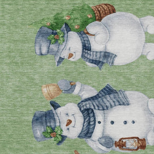 HomeRoots 9' X 12' Washable Snowmen Area Rug in Artichoke Green & Denim Blue - Durable Indoor/Outdoor Design! 621740