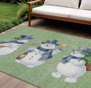 HomeRoots 9' X 12' Washable Snowmen Area Rug in Artichoke Green & Denim Blue - Durable Indoor/Outdoor Design! 621740