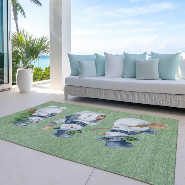 HomeRoots 9' X 12' Washable Snowmen Area Rug in Artichoke Green & Denim Blue - Durable Indoor/Outdoor Design! 621740