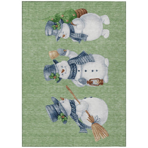 HomeRoots 9' X 12' Washable Snowmen Area Rug in Artichoke Green & Denim Blue - Durable Indoor/Outdoor Design! 621740