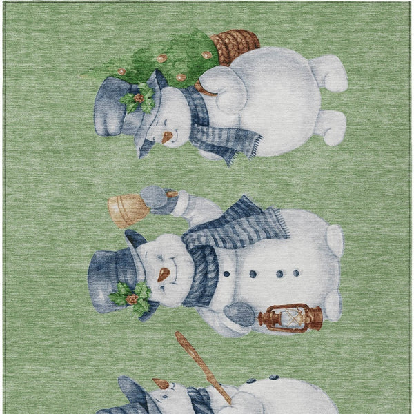 HomeRoots 9' X 12' Washable Snowmen Area Rug in Artichoke Green & Denim Blue - Durable Indoor/Outdoor Design! 621740