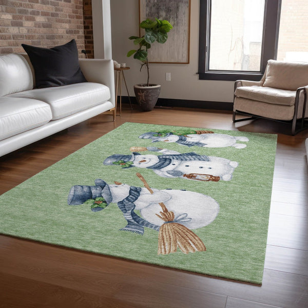 HomeRoots 9' X 12' Washable Snowmen Area Rug in Artichoke Green & Denim Blue - Durable Indoor/Outdoor Design! 621740