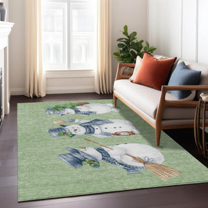 HomeRoots 9' X 12' Washable Snowmen Area Rug in Artichoke Green & Denim Blue - Durable Indoor/Outdoor Design! 621740
