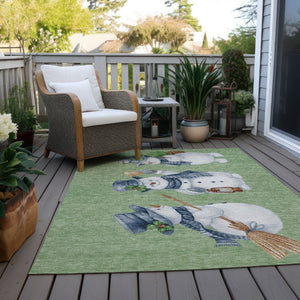 HomeRoots 9' X 12' Washable Snowmen Area Rug in Artichoke Green & Denim Blue - Durable Indoor/Outdoor Design! 621740
